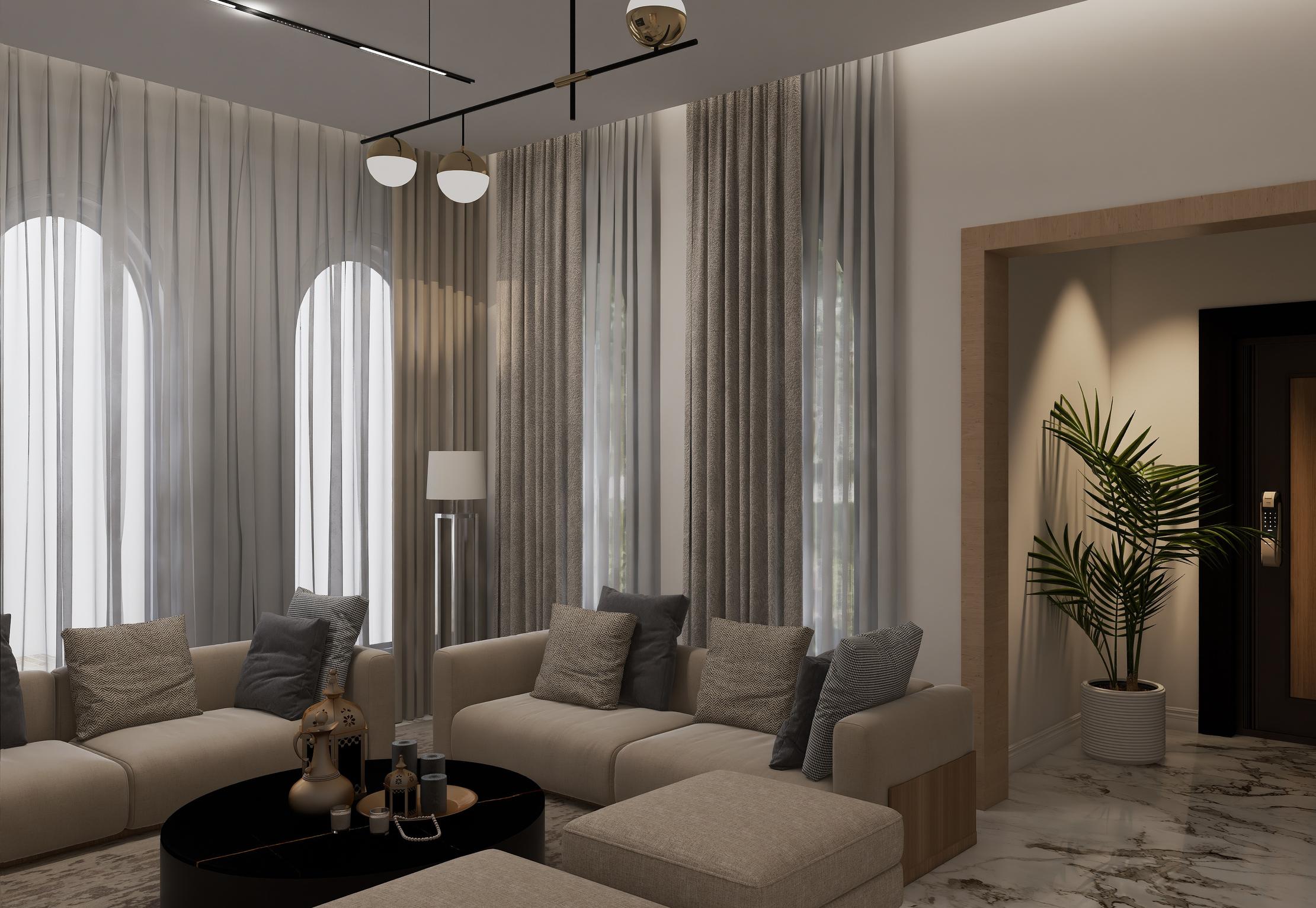 Villa living room design with light furniture, wood details, and soft lighting