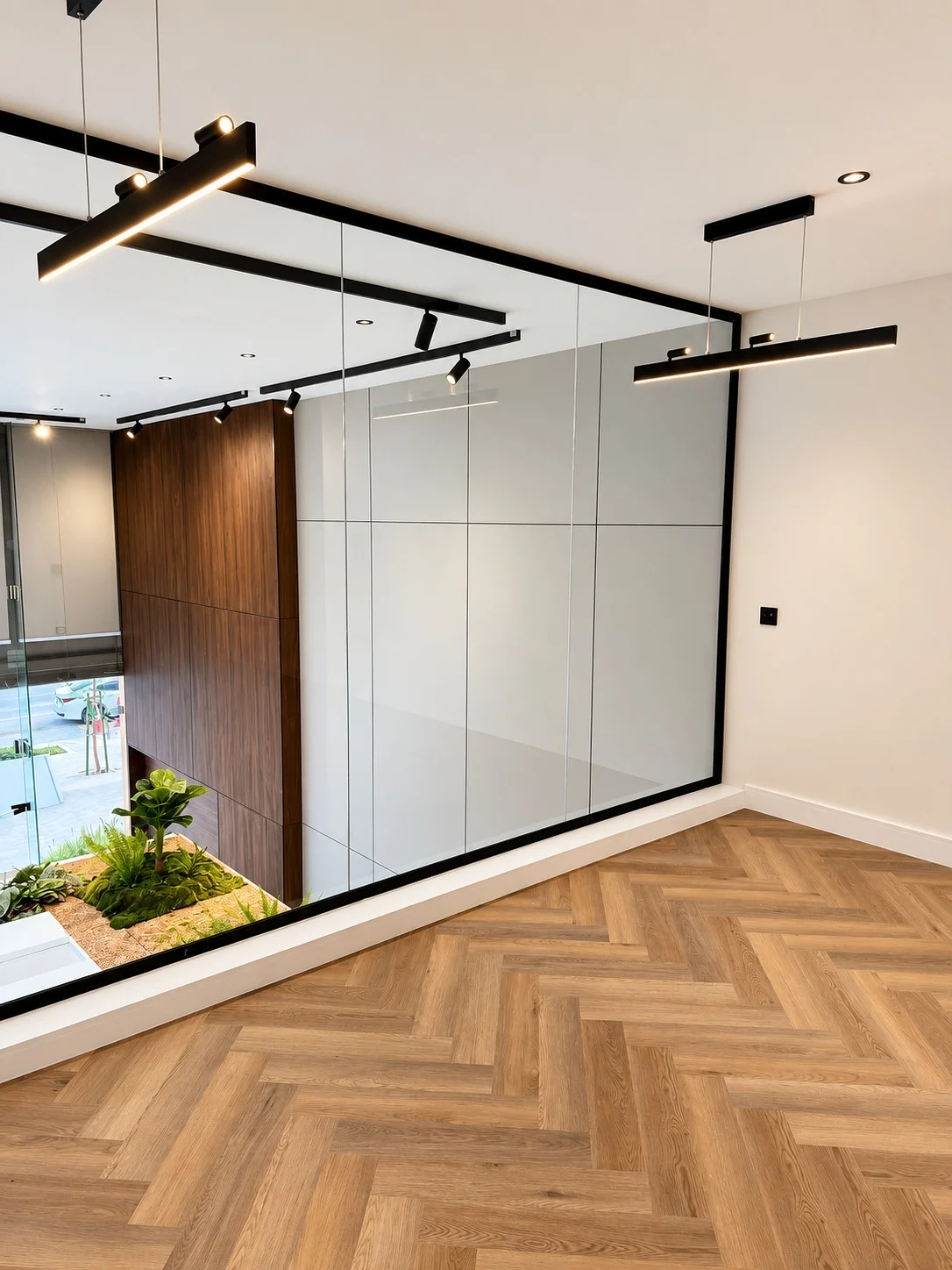 Wall cladding and wood flooring in an interior