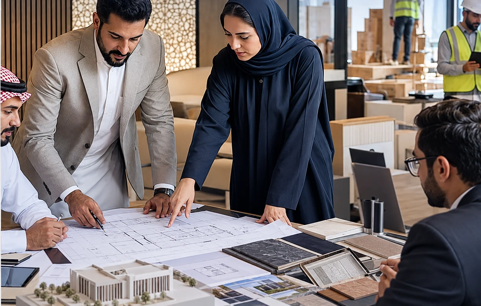 شخصان يراجعان مخططات على طاولة العمل