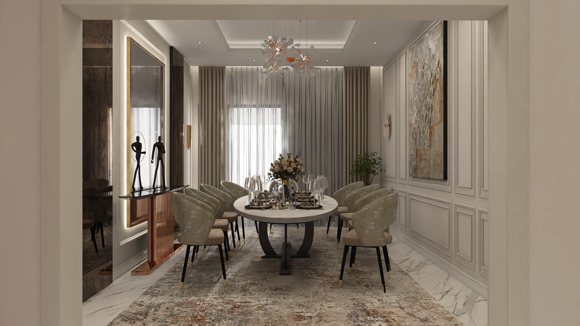 تصميم طاولة طعام في مساحة سكنية فاتحة
