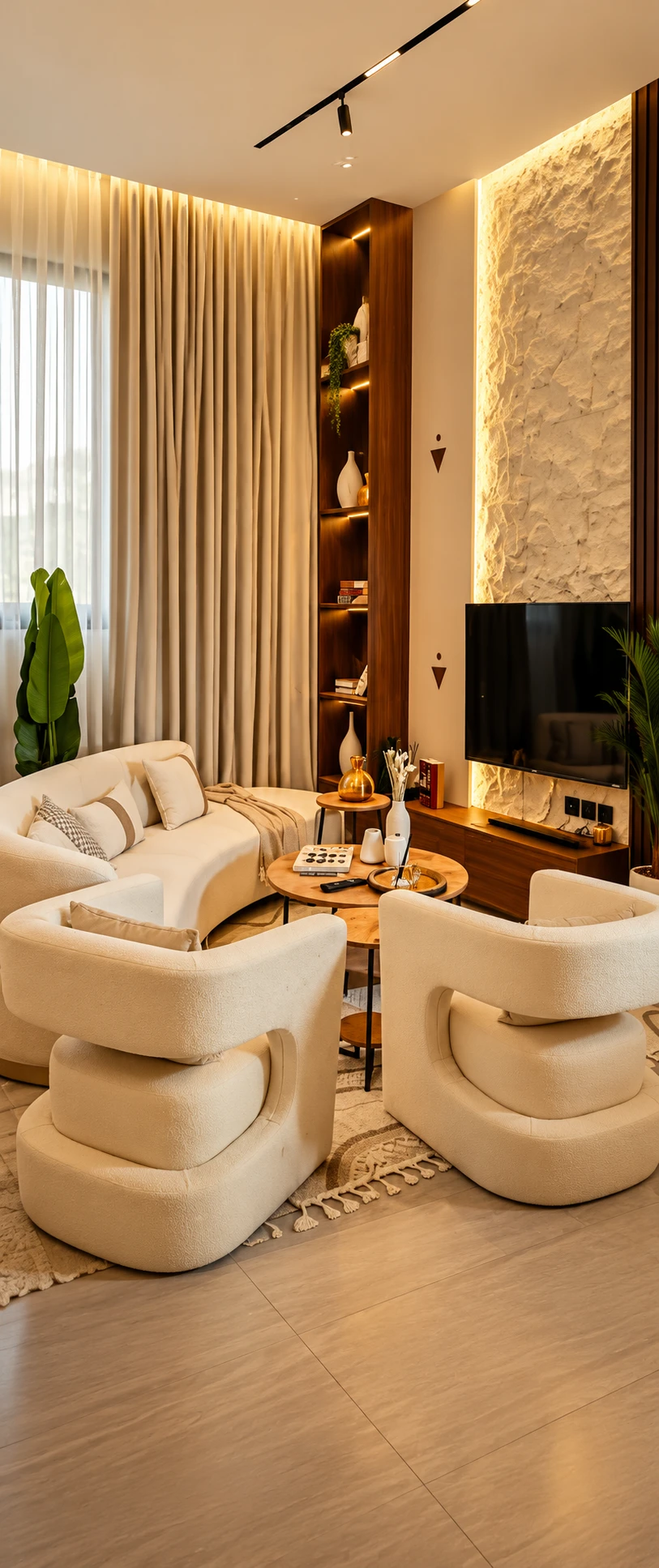 Sitting area with light furniture, round tables and wall lighting