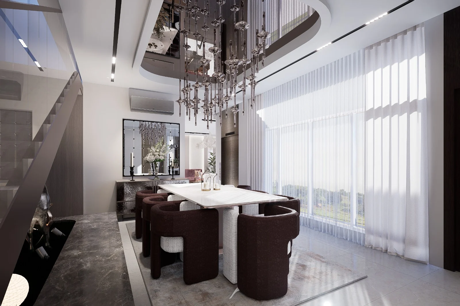 Dining area with a chandelier and natural light